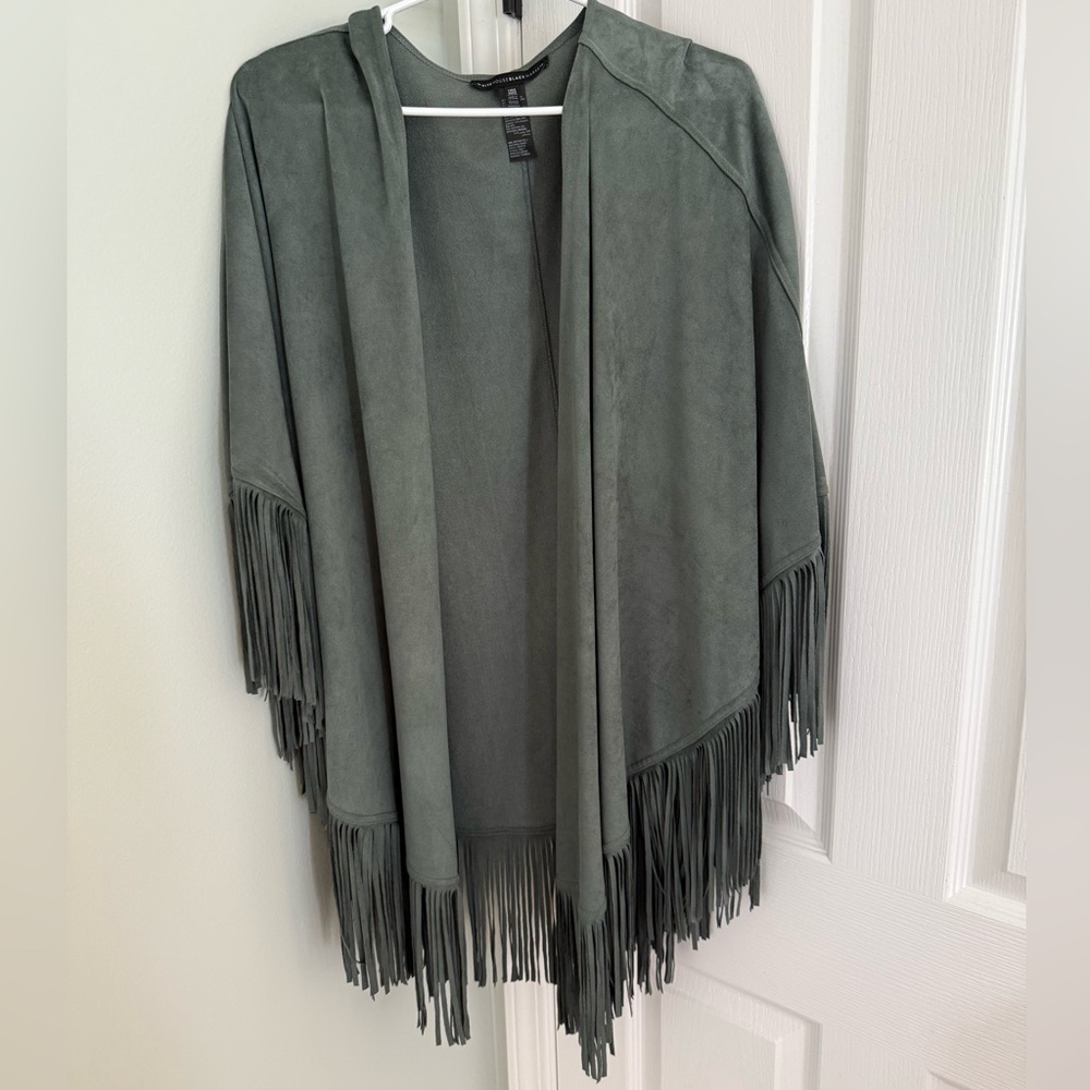 White House Black Market Faux Suede Fringe Poncho Wrap in Evergreen